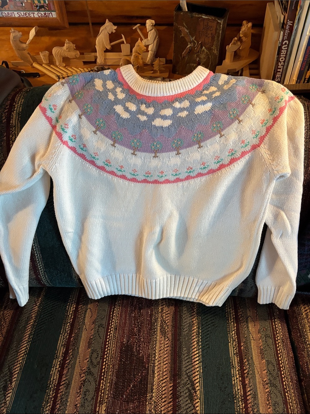 Vintage Eddie Bauer Cream Crewneck Sweater with Pastel Floral Yoke